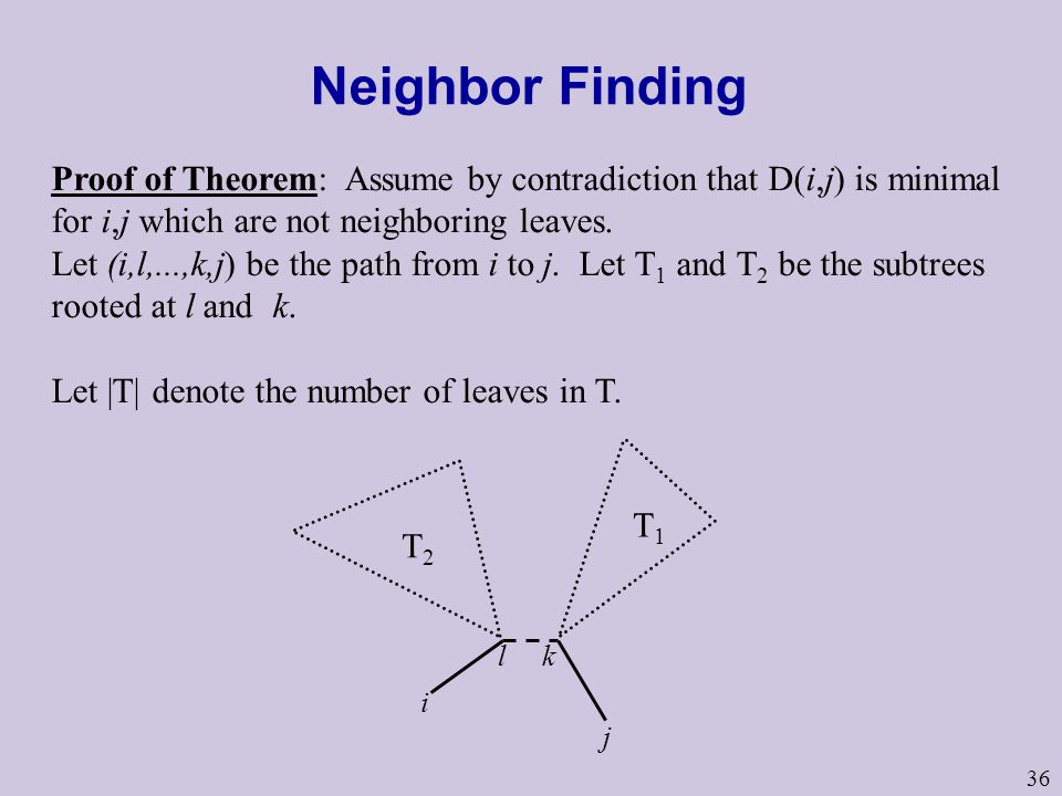 Neighbor Finding Proof of Theorem: Assume by contradiction that D(i,j) is minimal for i,j which are not neighboring leaves.