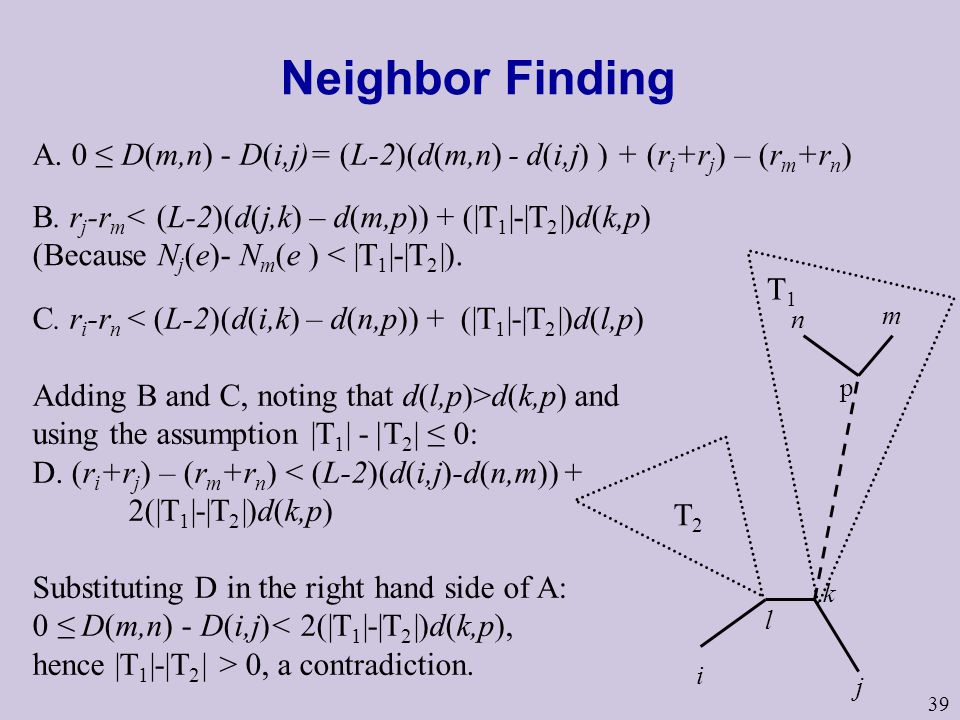 Neighbor Finding A. 0 ≤ D(m,n) - D(i,j)= (L-2)(d(m,n) - d(i,j) ) + (ri+rj) – (rm+rn) B. rj-rm< (L-2)(d(j,k) – d(m,p)) + (|T1|-|T2|)d(k,p)