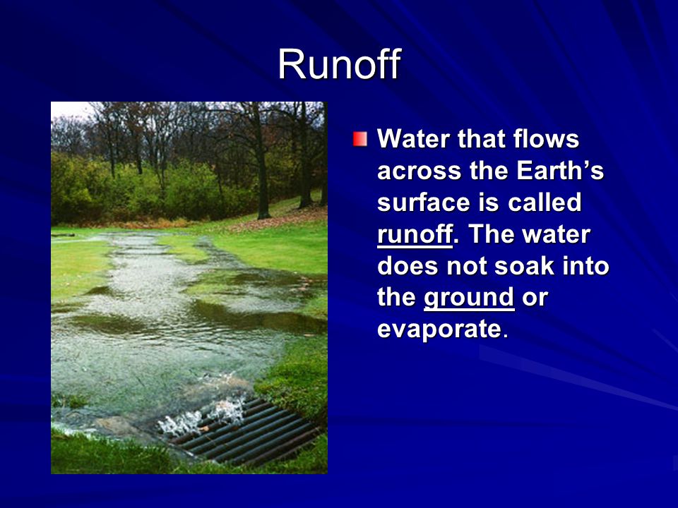 Runoff Water that flows across the Earth’s surface is called runoff.