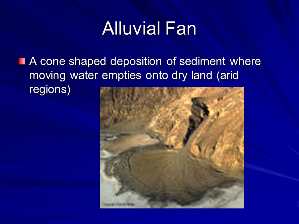 Alluvial Fan A cone shaped deposition of sediment where moving water empties onto dry land (arid regions)
