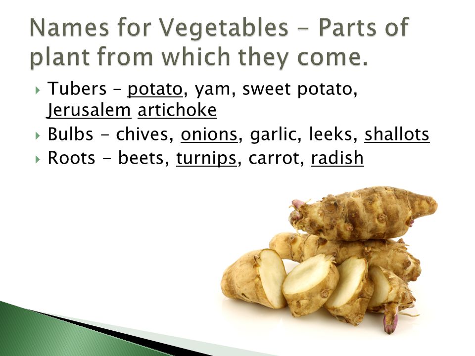 Names for Vegetables - Parts of plant from which they come.