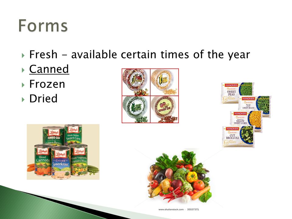 Forms Fresh - available certain times of the year Canned Frozen Dried
