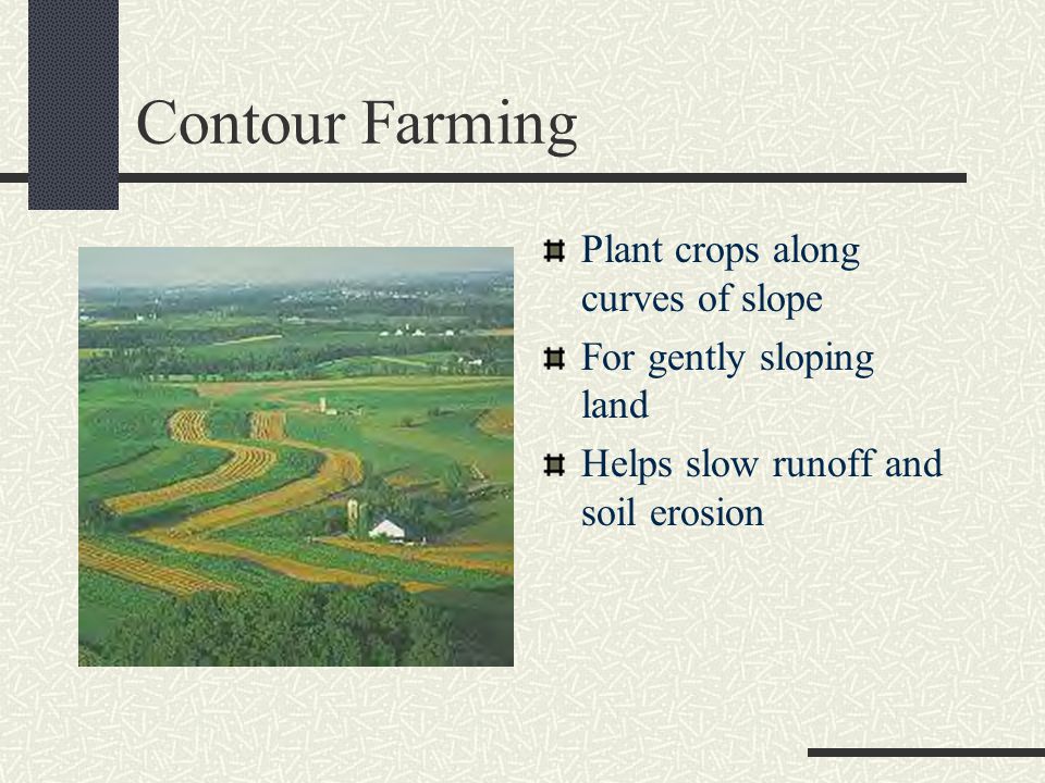 Contour Farming Plant crops along curves of slope