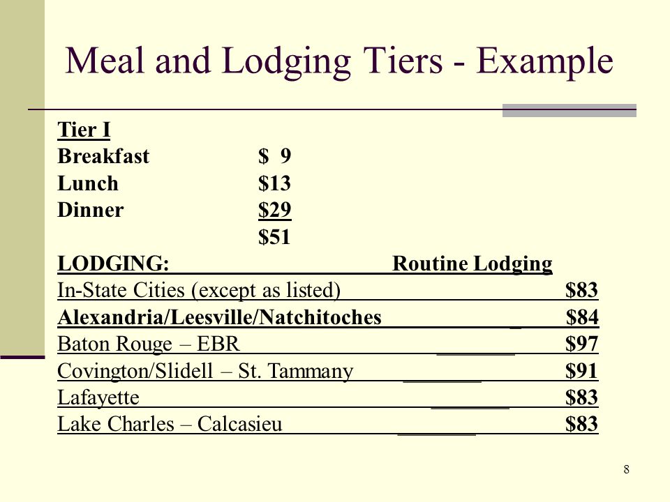 Meal and Lodging Tiers - Example