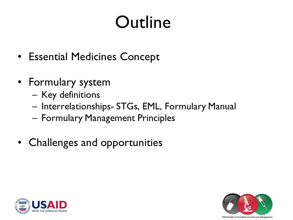 Outline Essential Medicines Concept Formulary system