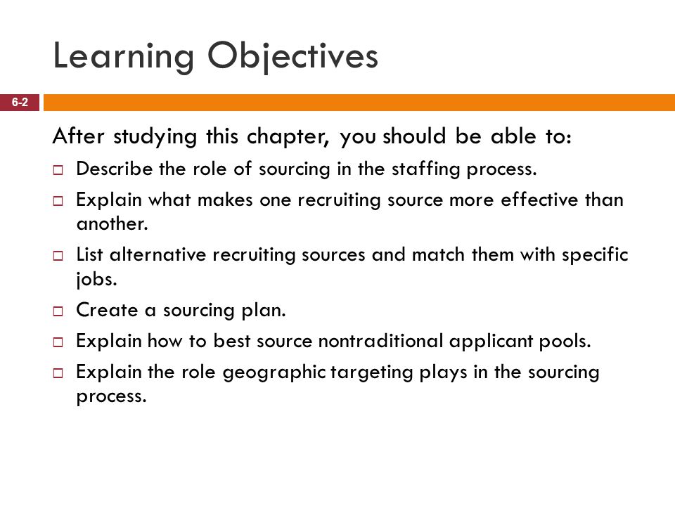 Learning Objectives After studying this chapter, you should be able to: Describe the role of sourcing in the staffing process.