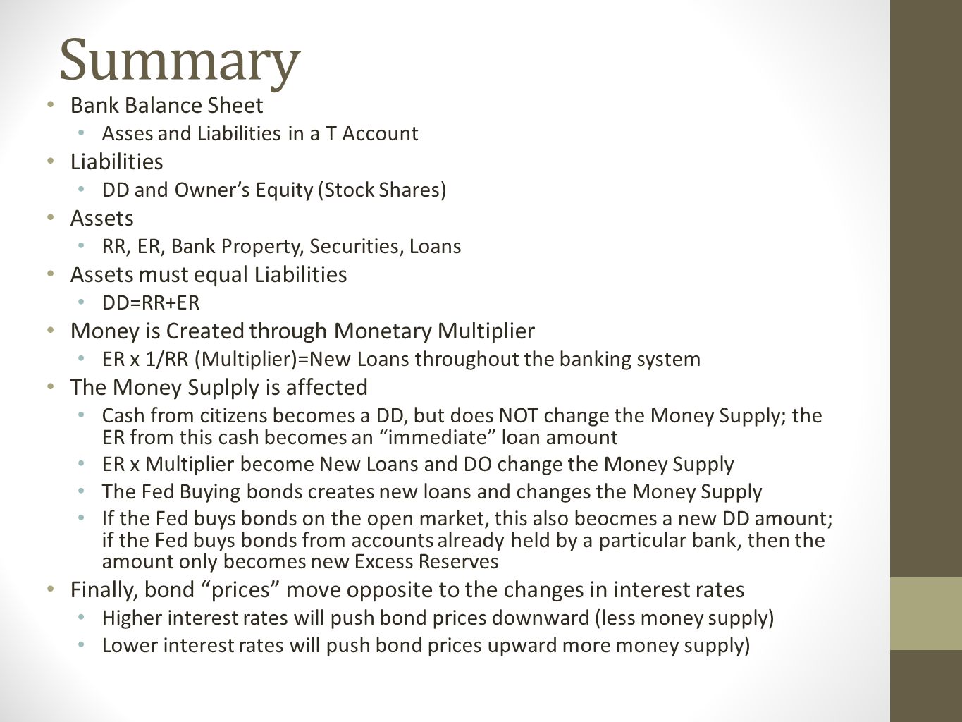 Summary Bank Balance Sheet Liabilities Assets