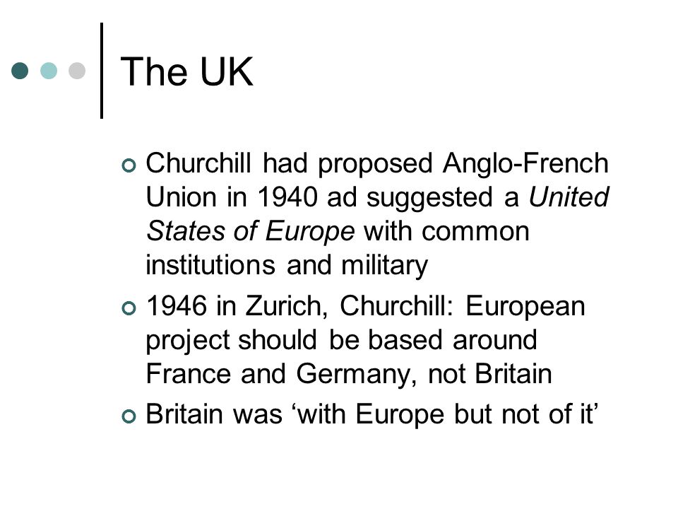The UK Churchill had proposed Anglo-French Union in 1940 ad suggested a United States of Europe with common institutions and military.