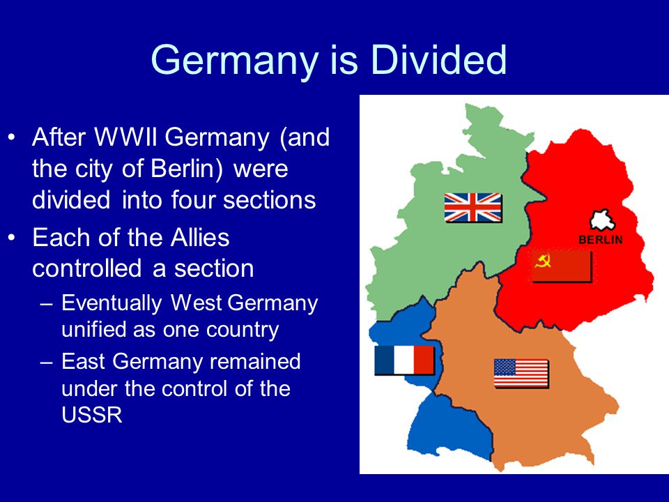Germany is Divided After WWII Germany (and the city of Berlin) were divided into four sections. Each of the Allies controlled a section.