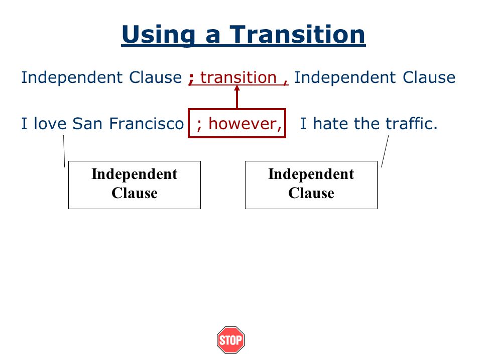 Using a Transition Independent Clause ; transition , Independent Clause. I love San Francisco ; however, I hate the traffic.