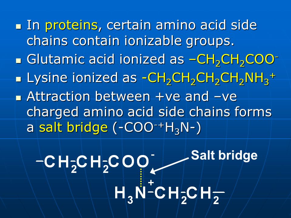 In proteins, certain amino acid side chains contain ionizable groups.