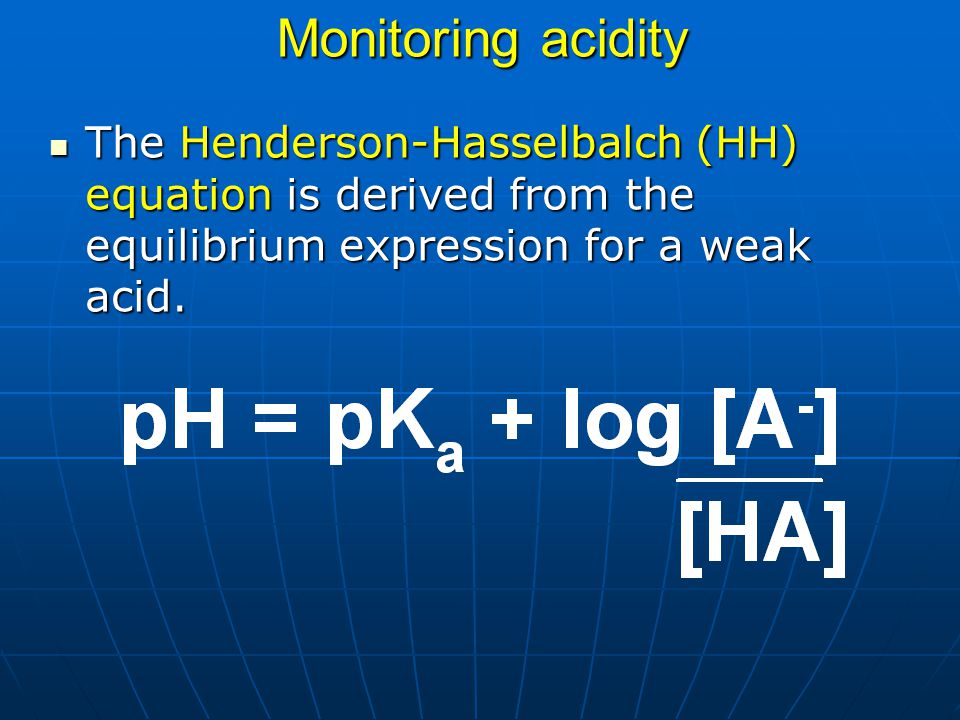 Monitoring acidity The Henderson-Hasselbalch (HH) equation is derived from the equilibrium expression for a weak acid.