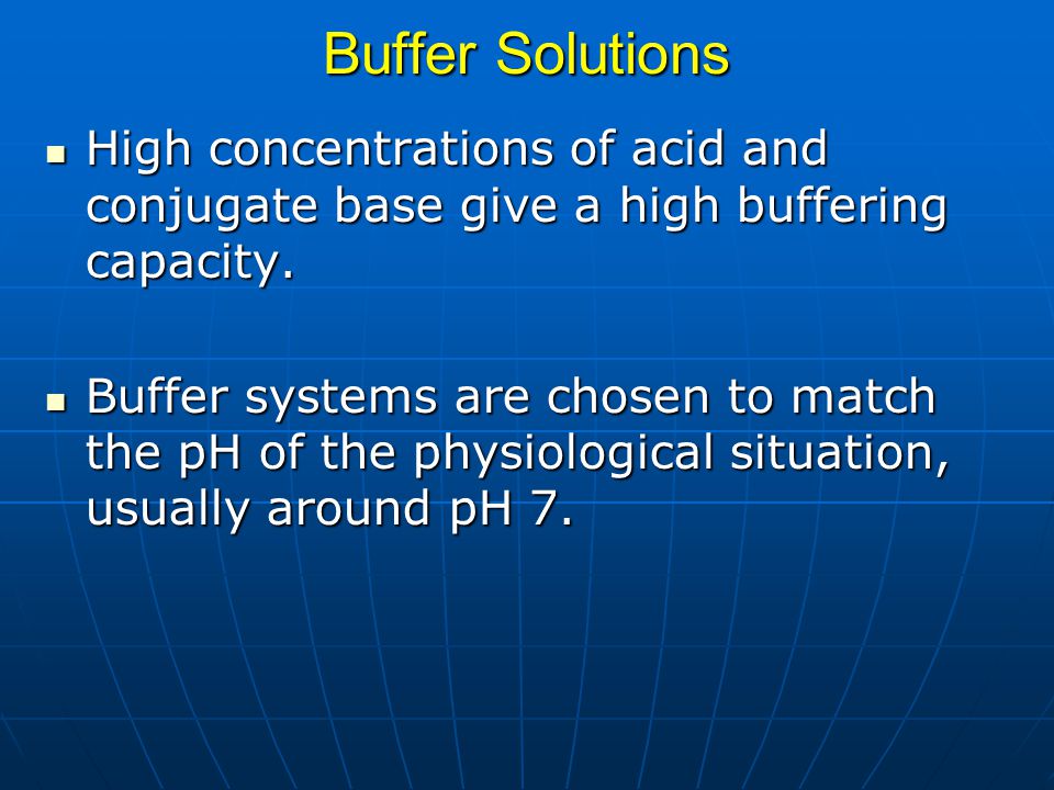 Buffer Solutions High concentrations of acid and conjugate base give a high buffering capacity.