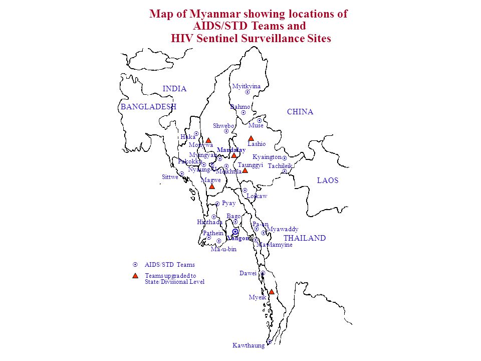 Map of Myanmar showing locations of HIV Sentinel Surveillance Sites