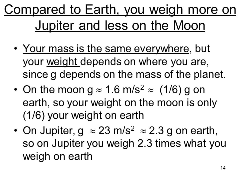 Compared to Earth, you weigh more on Jupiter and less on the Moon