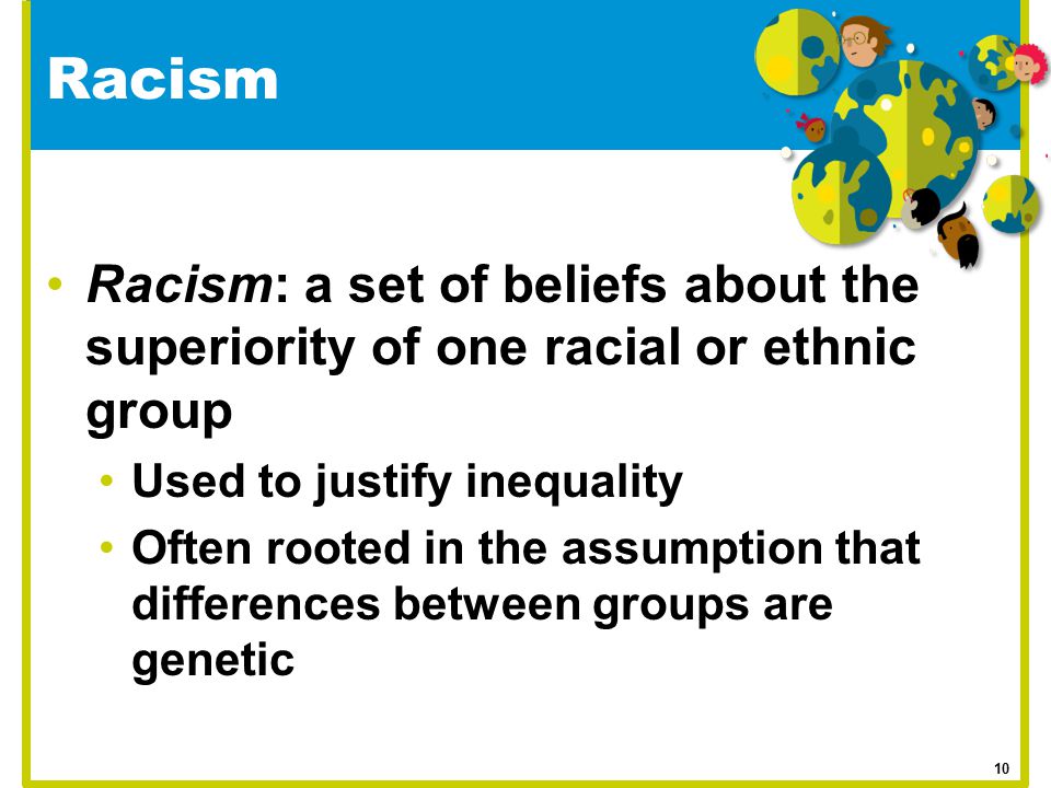 Racism Racism: a set of beliefs about the superiority of one racial or ethnic group. Used to justify inequality.