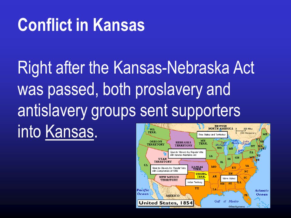 Conflict in Kansas Right after the Kansas-Nebraska Act was passed, both proslavery and antislavery groups sent supporters into Kansas.