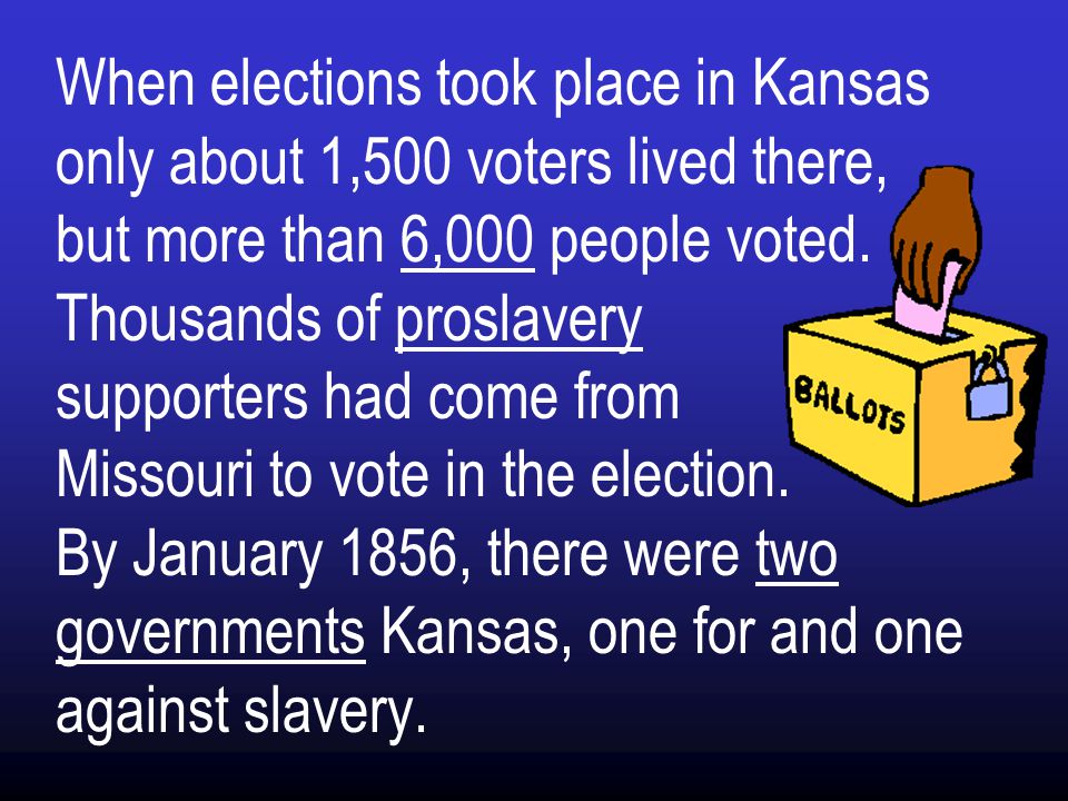 When elections took place in Kansas only about 1,500 voters lived there, but more than 6,000 people voted.