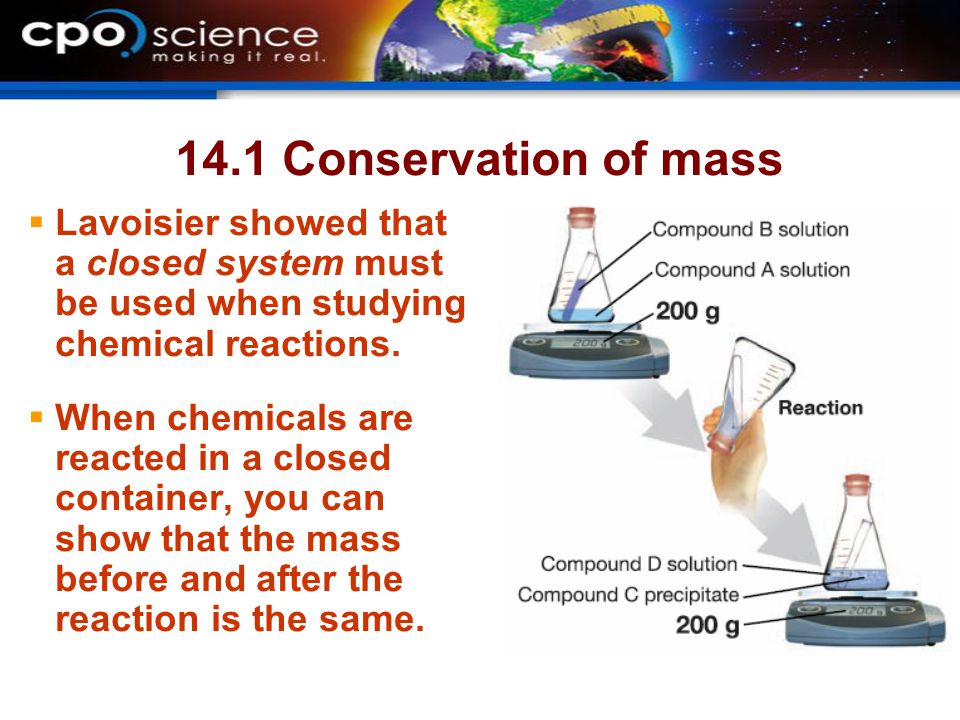 14.1 Conservation of mass Lavoisier showed that a closed system must be used when studying chemical reactions.