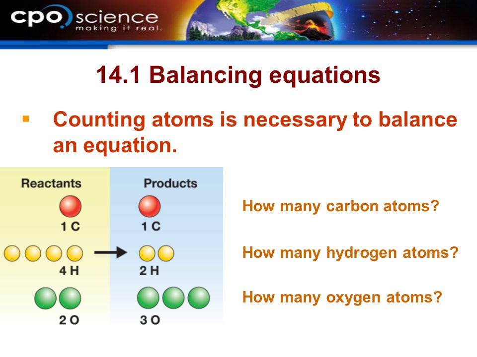 14.1 Balancing equations Counting atoms is necessary to balance an equation. How many carbon atoms
