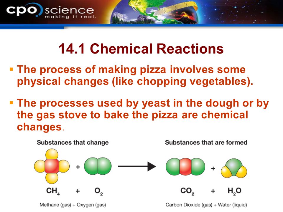 14.1 Chemical Reactions The process of making pizza involves some physical changes (like chopping vegetables).