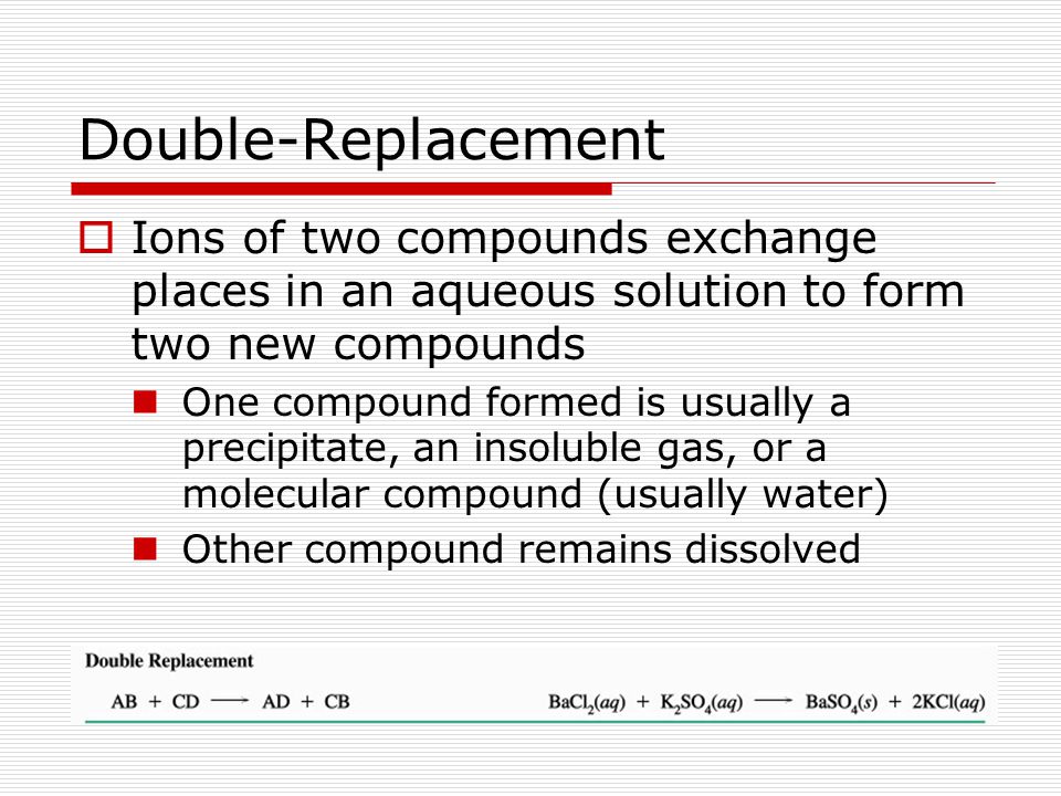 Double-Replacement Ions of two compounds exchange places in an aqueous solution to form two new compounds.