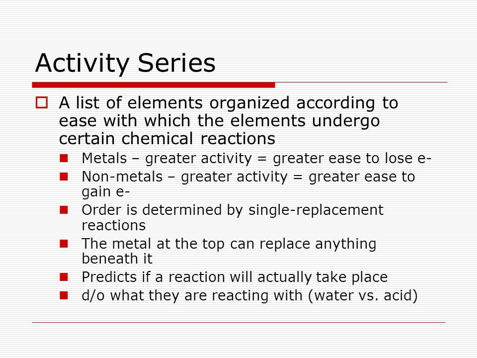 Activity Series A list of elements organized according to ease with which the elements undergo certain chemical reactions.