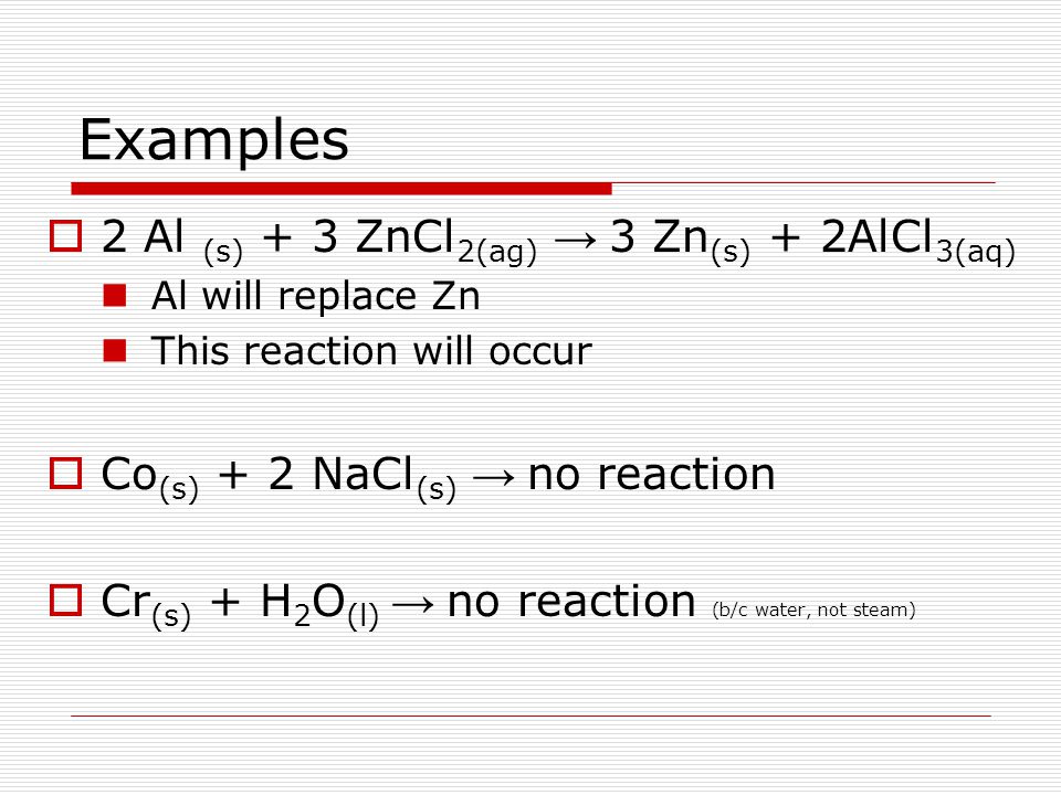 Examples 2 Al (s) + 3 ZnCl2(ag) → 3 Zn(s) + 2AlCl3(aq)