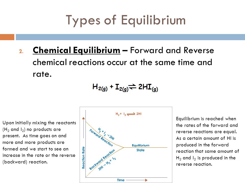 Types of Equilibrium Chemical Equilibrium – Forward and Reverse chemical reactions occur at the same time and rate.