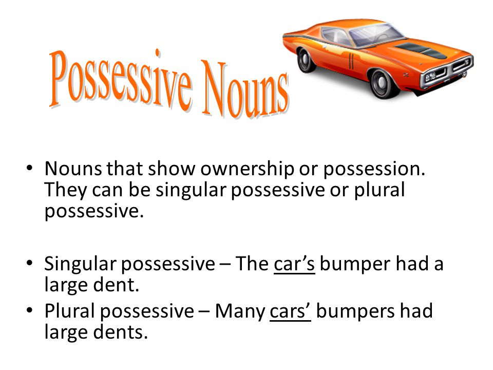 Possessive Nouns Nouns that show ownership or possession. They can be singular possessive or plural possessive.
