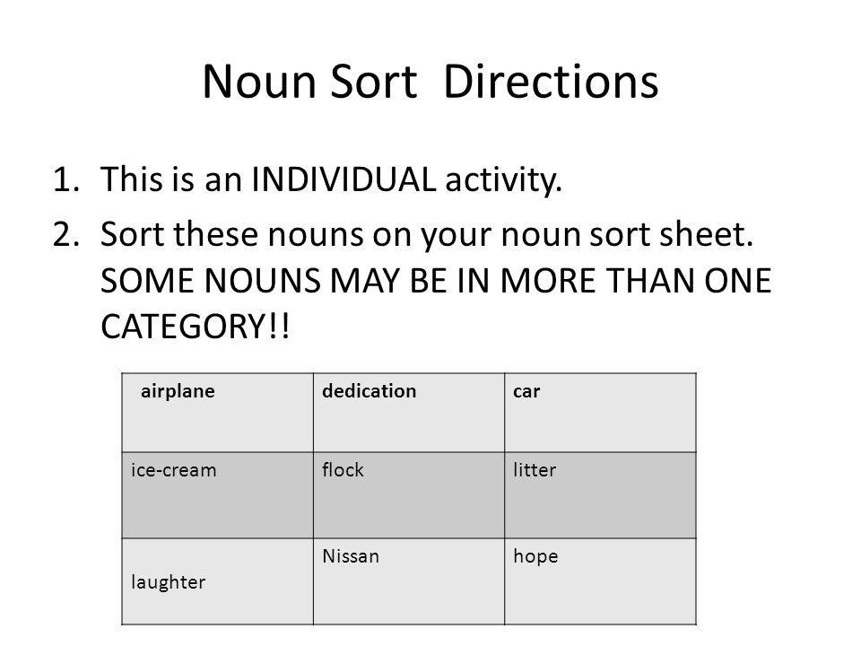 Noun Sort Directions This is an INDIVIDUAL activity.