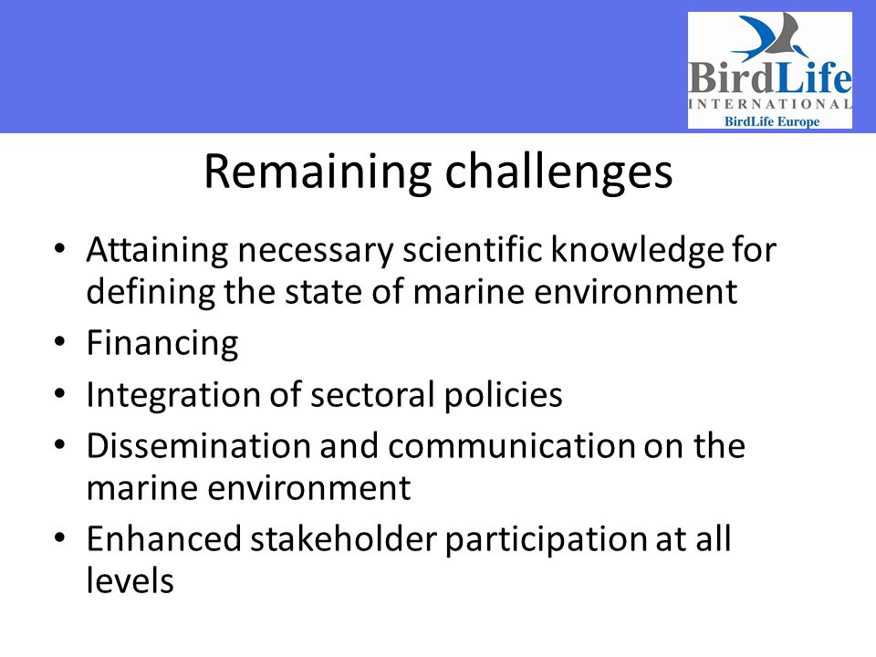 Remaining challenges Attaining necessary scientific knowledge for defining the state of marine environment.