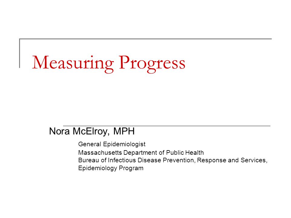 Measuring Progress Nora McElroy, MPH General Epidemiologist