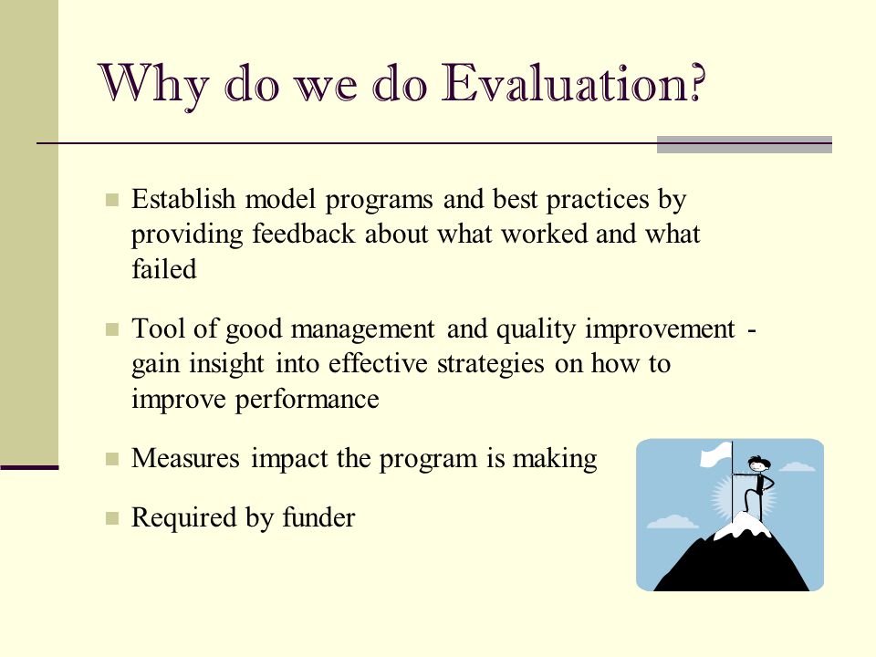 6/30/2005 Why do we do Evaluation Establish model programs and best practices by providing feedback about what worked and what failed.