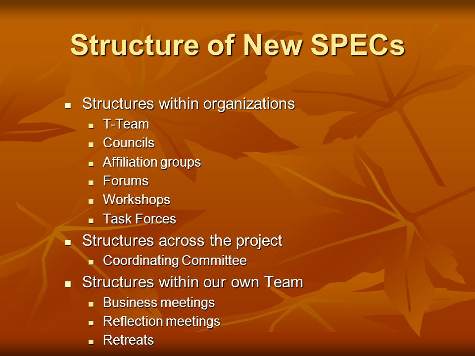 Structure of New SPECs Structures within organizations
