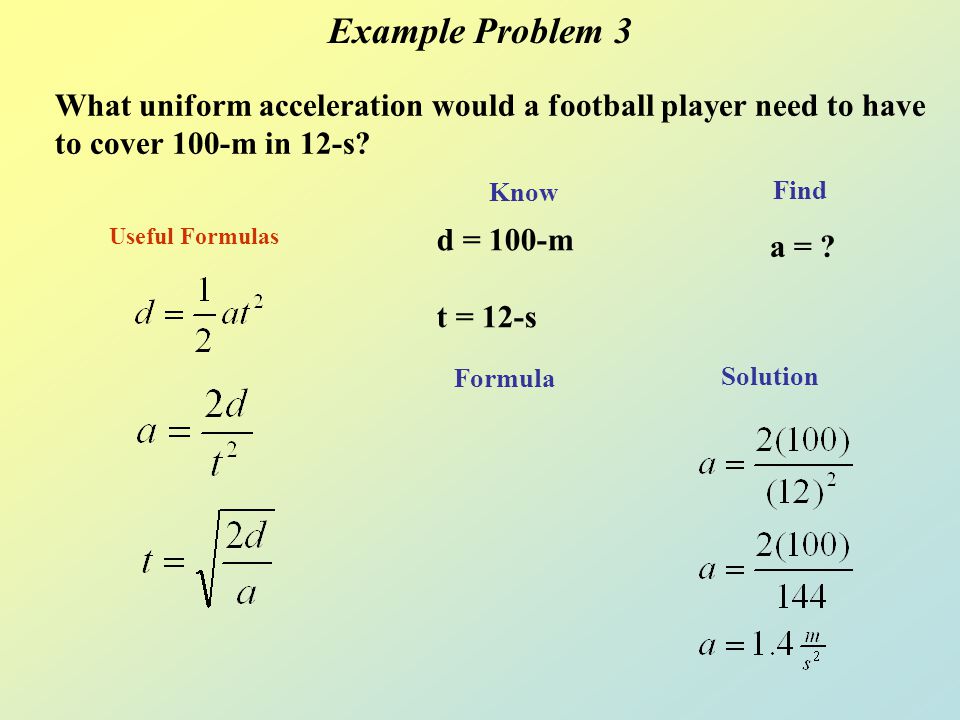 Example Problem 3 What uniform acceleration would a football player need to have to cover 100-m in 12-s