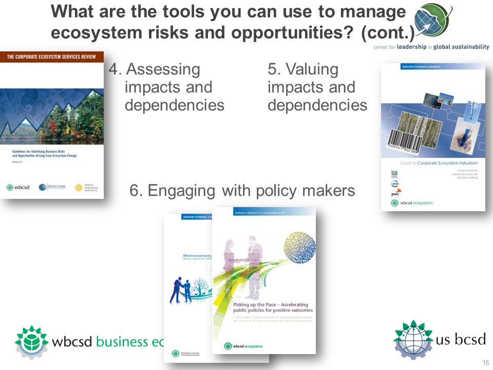 What are the tools you can use to manage ecosystem risks and opportunities (cont.)