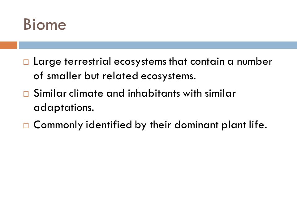 Biome Large terrestrial ecosystems that contain a number of smaller but related ecosystems.