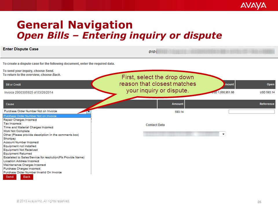 General Navigation Open Bills – Entering inquiry or dispute