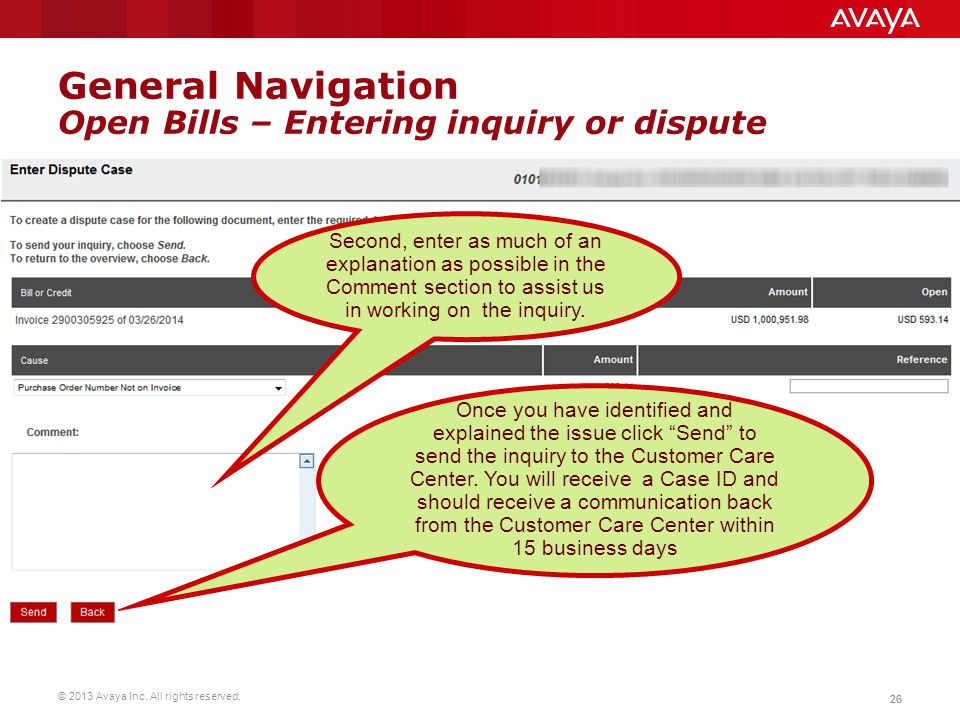 General Navigation Open Bills – Entering inquiry or dispute