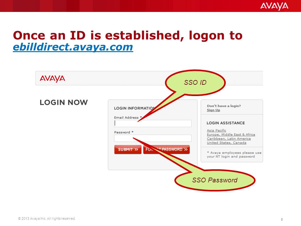 Once an ID is established, logon to ebilldirect.avaya.com