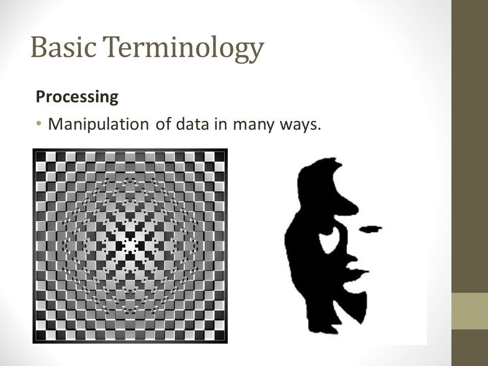 Basic Terminology Processing Manipulation of data in many ways.