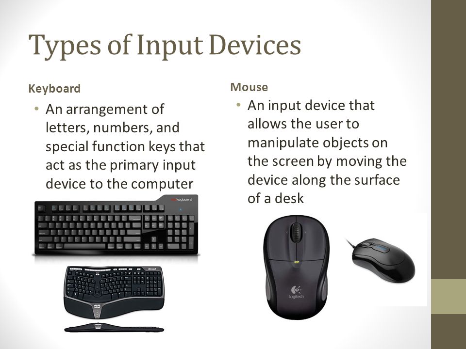 Types of Input Devices Keyboard. Mouse.