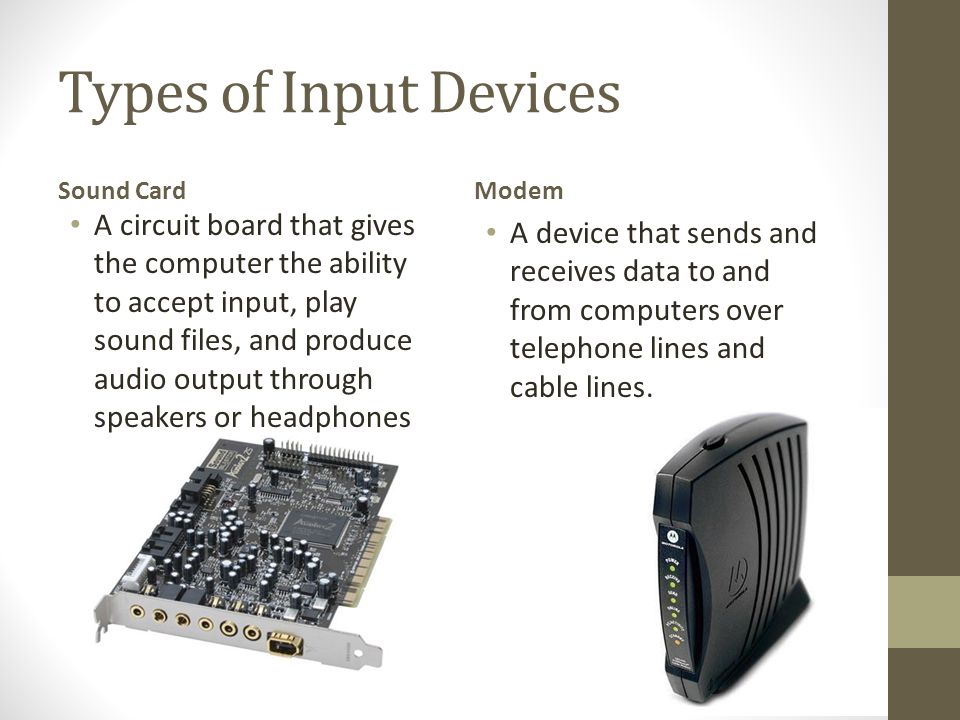 Types of Input Devices Sound Card. Modem.