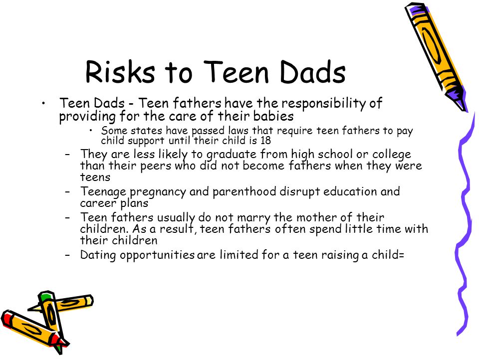 Risks to Teen Dads Teen Dads - Teen fathers have the responsibility of providing for the care of their babies.