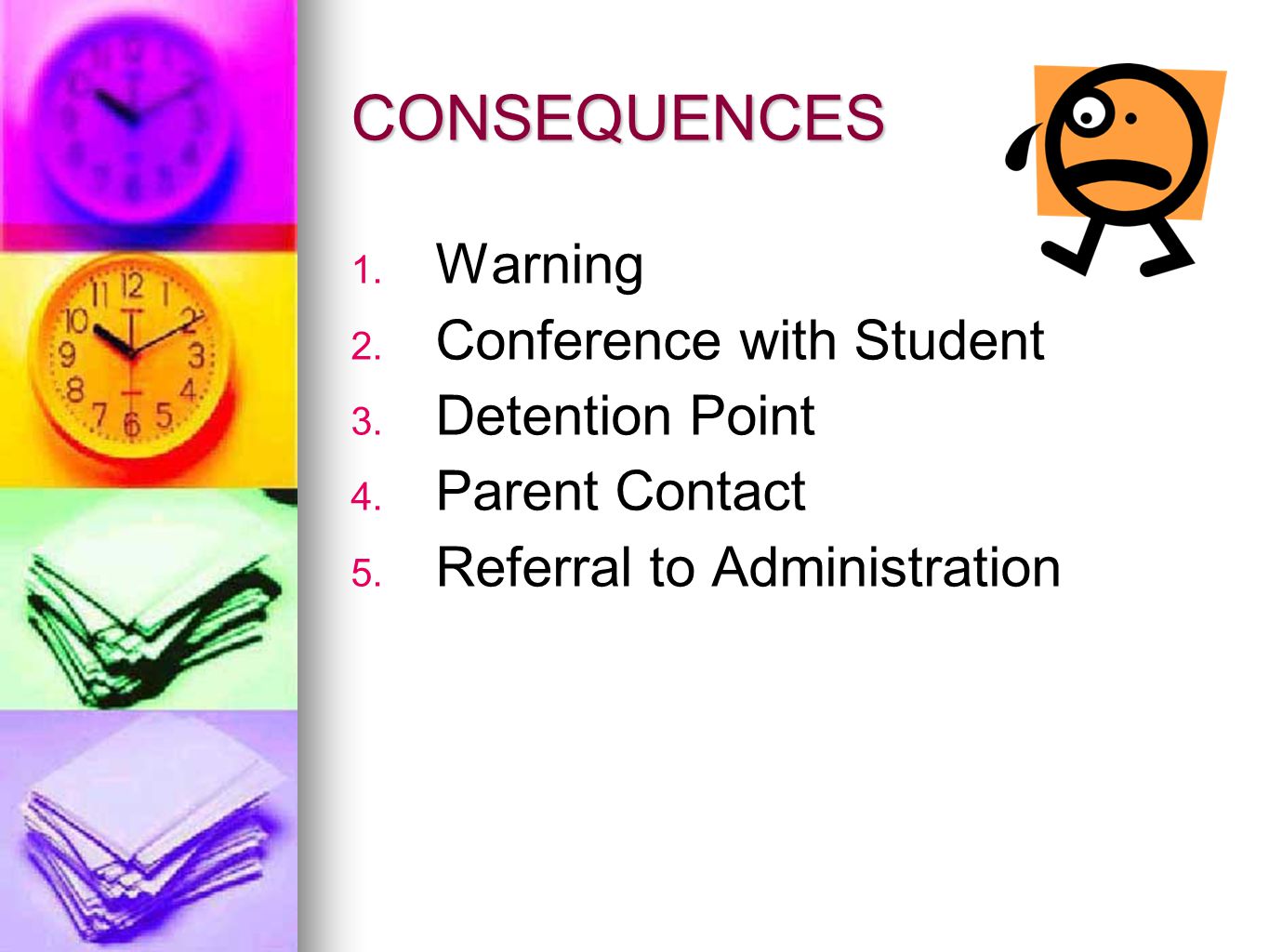 CONSEQUENCES Warning Conference with Student Detention Point