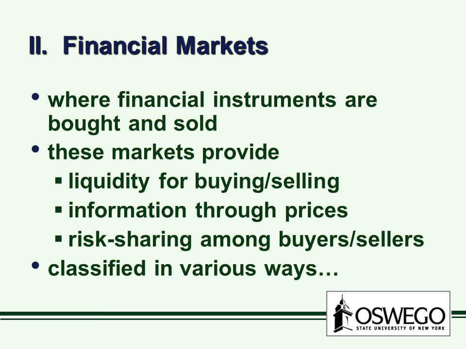 II. Financial Markets where financial instruments are bought and sold