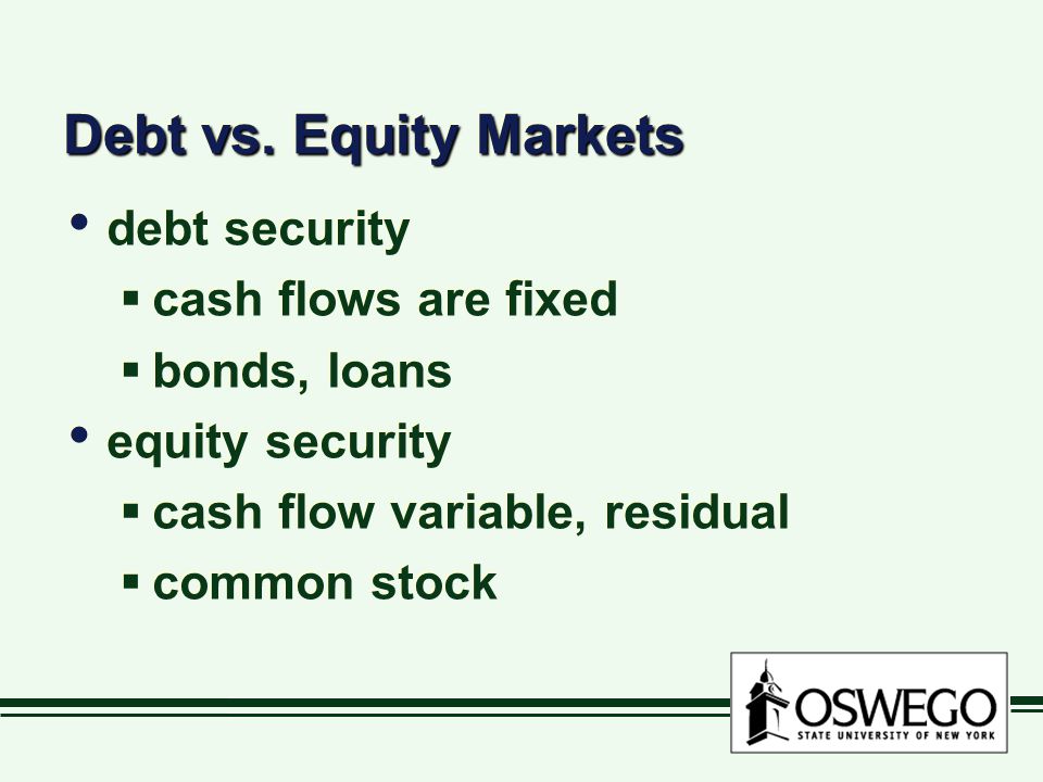 Debt vs. Equity Markets debt security cash flows are fixed