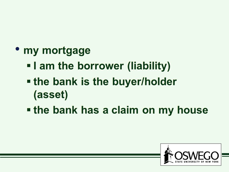 my mortgage I am the borrower (liability) the bank is the buyer/holder (asset) the bank has a claim on my house.
