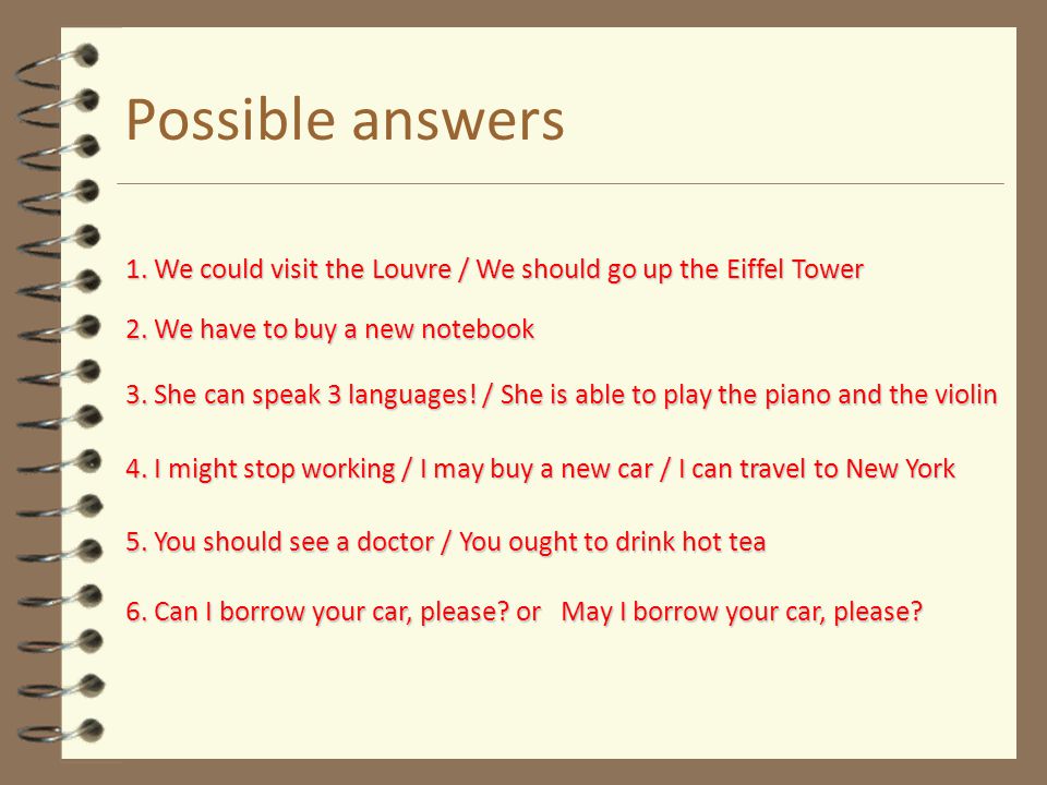 Possible answers 1. We could visit the Louvre / We should go up the Eiffel Tower. 2. We have to buy a new notebook.